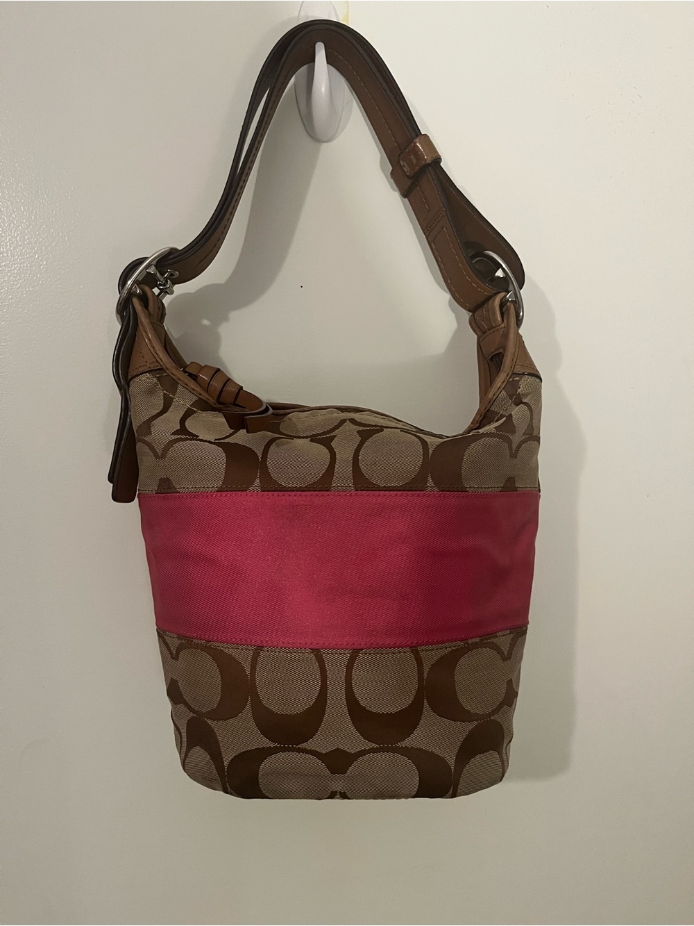 Pink Y2K Coach Signature F13362 Stripe Tan Rugby Duffle Bucket Shoulder Bag